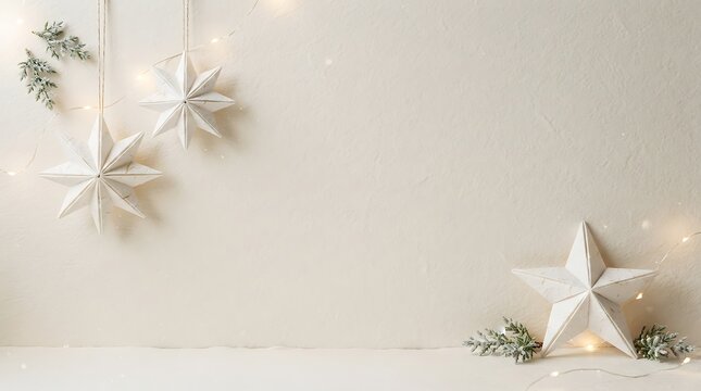 Scandinavian Minimal Christmas Background with Handmade Paper Stars, Pine Branches and Copy Space