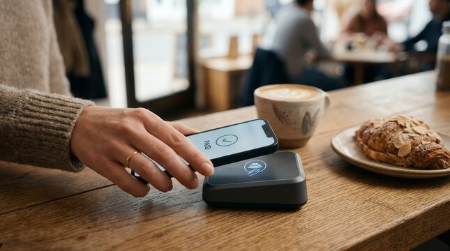 Customer paying with smartphone contactless payment at a coffee shop counter.