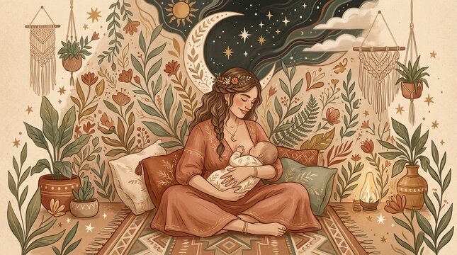 A mother cradles her baby, breastfeeding with gentle tenderness in a cozy, bohemian-inspired room adorned with lush plants and celestial motifs. The scene evokes feelings of unconditional love.