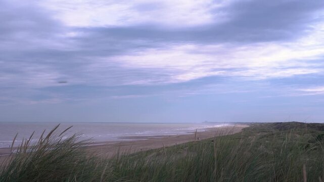 Scenic landscape of the North Sea coastline, sandy beach, and grassy coastal dunes near The Hague (Den Haag), Netherlands, under a moody sky.