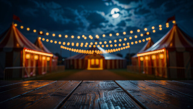 Empty wooden table with blurred circus tents and lights at night. Background features red striped big tops under a full moon with festive bokeh. Event concept for advertising and background use.