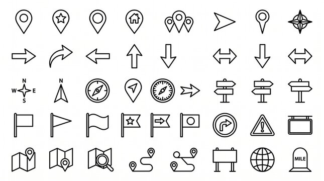 Thirty-six outlined navigation and signpost icons featuring arrows, boards, compasses, pins, and flags in minimalist black and white style.