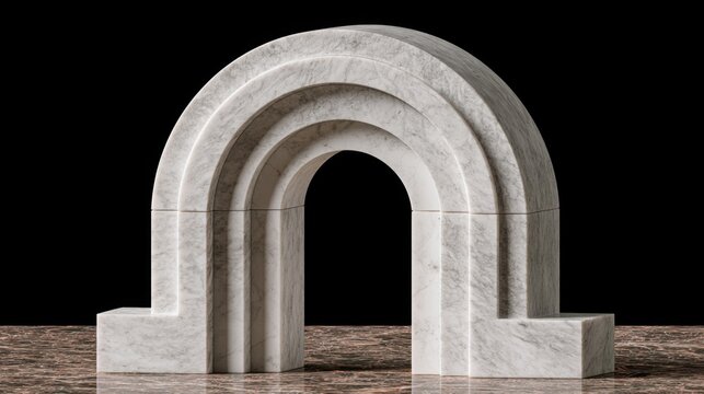 Elegant white marble arch sculpture composed of concentric semicircular shapes on textured surface with a black background, minimalistic modern design element