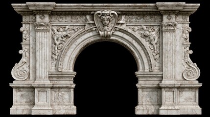 Fototapeta premium Ornate marble archway with classical decorative relief sculpture featuring mythological and floral details on black background in vintage architectural style