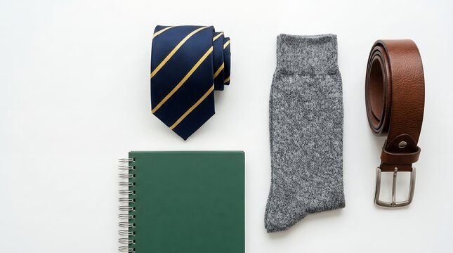 Flat lay of mens business attire items including necktie socks belt and notebook on white background.