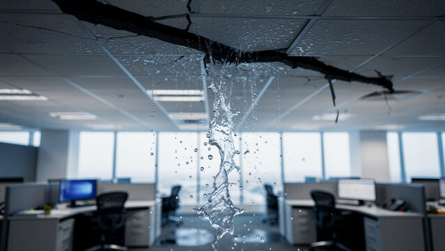 Water pouring through a large crack in an office ceiling. Liquid dripping onto workstations in a modern workplace. Disaster recovery concept for facility maintenance and insurance marketing.