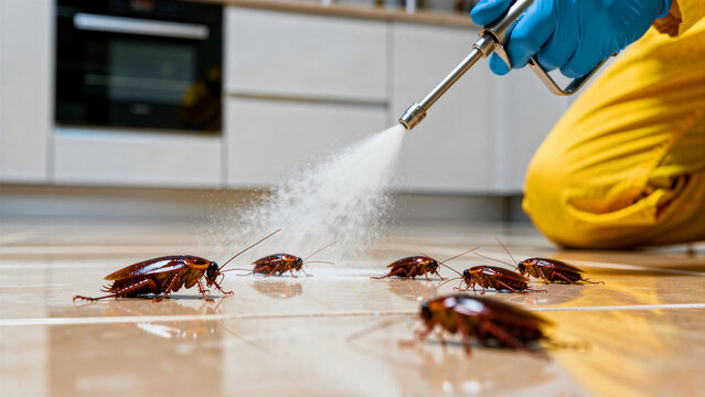 Exterminator spraying cockroaches in a kitchen. Professional in protective gear treating an insect infestation on floor. Hygiene service concept for pest control marketing and home sanitation ads.