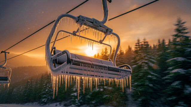 Empty ski lift chair covered in frozen icicles at winter sunset. Metal lift hanging over snowy pine forest in mountain resort. Cold travel concept for winter tourism and sport marketing.
