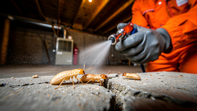 Exterminator spraying termites on concrete in a basement. Professional in orange gear applies insecticide treatment. Pest control concept for home maintenance marketing.