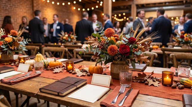 Corporate event setup with festive autumn decor and table settings.