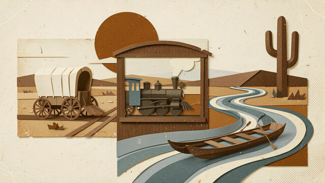 Paper cut art showing a Wild West landscape with a steam train, covered wagon, and canoe. Retro collage style with desert elements and earthy tones. Vintage travel concept for historical themes.