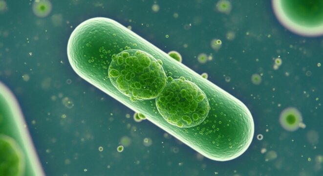 Microscopic Ballet: Emerald Rods and Budding Life