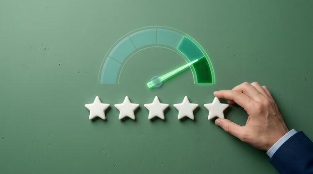 Hand placing a wooden star on a five star rating scale with a speedometer gauge icon representing customer satisfaction and business excellence.