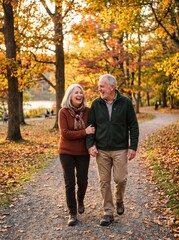 Fototapeta premium Happy elderly couple walking together in autumn park with colorful leaves and trees