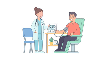 Fototapeta premium Female doctor measuring blood pressure of male patient with digital sphygmomanometer in medical clinic illustration