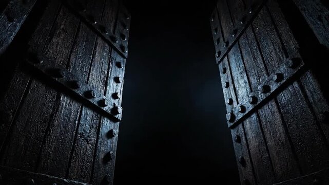 Dark wooden doors with metal hinges in shadow