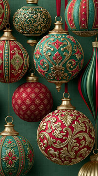 Luxury vintage Christmas ornaments in elegant red, green and gold with ornate floral patterns, festive holiday decoration background, classic seasonal design for greeting cards, banners and Christmas 