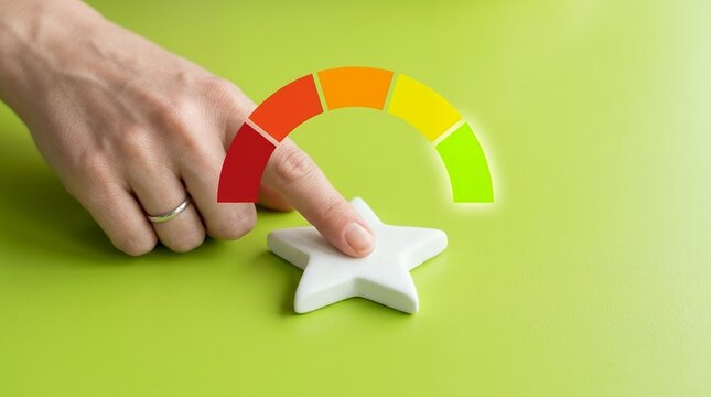Hand touching star with rating scale concept on green background.