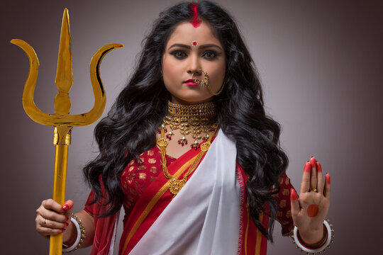 Potrait of a Bengali Married Woman as Goddess Durga ,during Durga puja celebrations