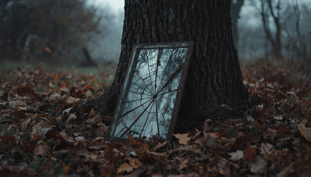 Broken mirror leaning against a tree in the forest &mdash; part of a folk horror and dark poetry series