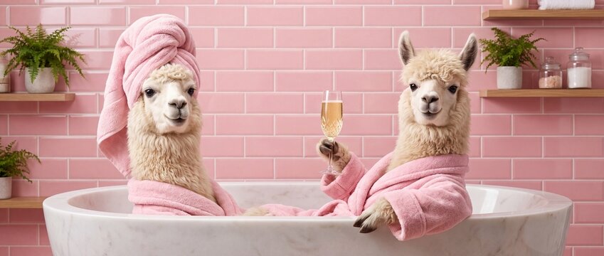 Funny llamas in a bathtub. Cute animals relaxing in pink robes with champagne.