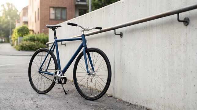 Blue commuter bicycle parked against concrete wall on urban city street