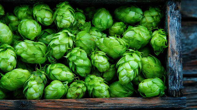 Wooden crate filled with fresh green hops