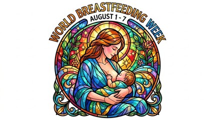 Fototapeta premium Illustration of a mother breastfeeding her baby, surrounded by floral motifs and celebrating World Breastfeeding Week August 1-7. This imagery evokes themes of nurturing, maternal love.