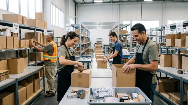 Employees packing customer orders in a busy warehouse distribution center