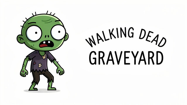 Cute cartoon zombie illustration on white background. Undead character with green skin and tattered clothing standing beside text. Halloween horror concept, ideal for festive stickers and design.