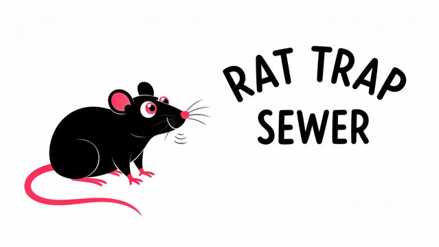 Cartoon black rat next to rat trap sewer text. Minimalist rodent illustration on white background. Pest control concept for extermination marketing and sanitation services.
