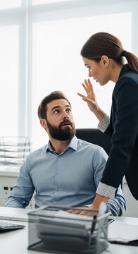 Two colleagues interact in a brightly lit office environment, one speaking assertively to the other. Represents workplace communication and potential conflict.