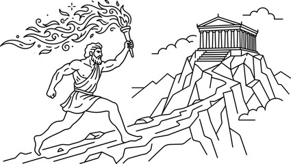 Ancient Greek Runner Holding Flame Torch Running Towards Acropolis Temple Vector Illustration for Sports Mythology History and Graphic Design Projects © alexa