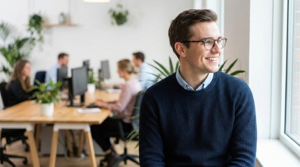 Fototapeta premium Happy Professional Man With Glasses Smiling While Looking Out A Bright Modern Office Window With Diverse Colleagues Working Collaboratively Behind Him