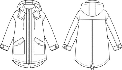 Hooded Parka Jacket Technical Fashion Flat Sketch Vector Template with Front and Back Views for Apparel Design © Moniruzzaman