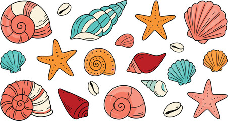 Colorful seashell and starfish vector collection featuring hand drawn ocean life doodles for tropical beach patterns summer greetings and nautical bathroom decor. © airin