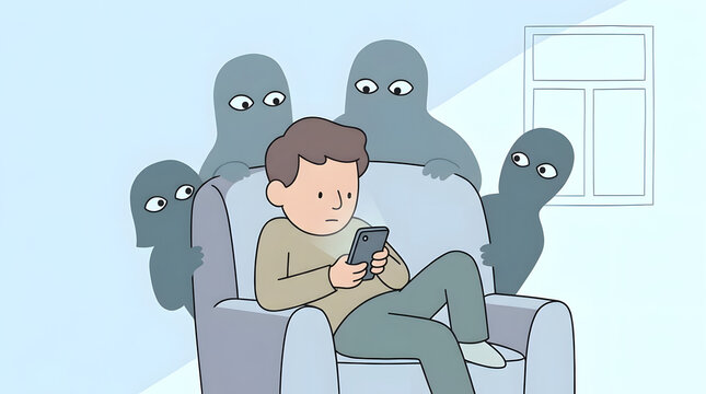 Person on couch surrounded by shadowy surveillance figures.