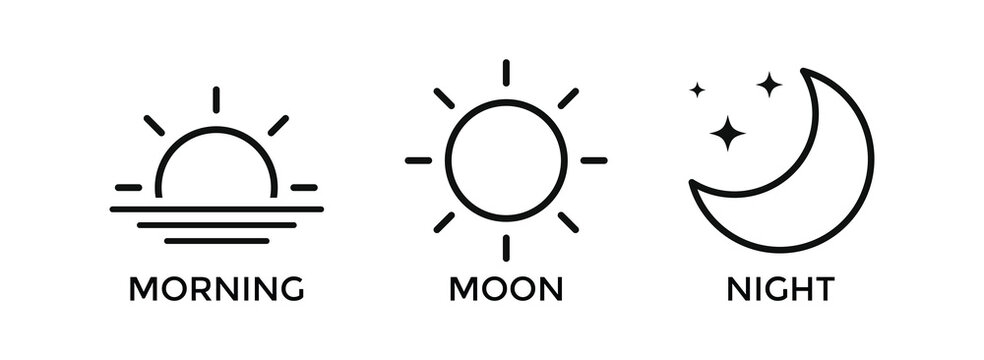 Day and Night Icon Set. Sunrise Sun Moon Stars Morning Noon Night Time Symbols