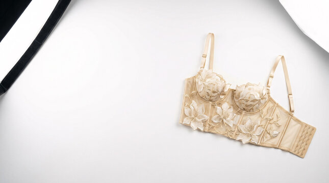 Elegant beige lace bralette top laid on white surface with notebook.
