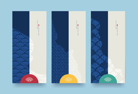 Set of Packaging templates japanese style background fabric luxury or premium products. Asian pattern art design.