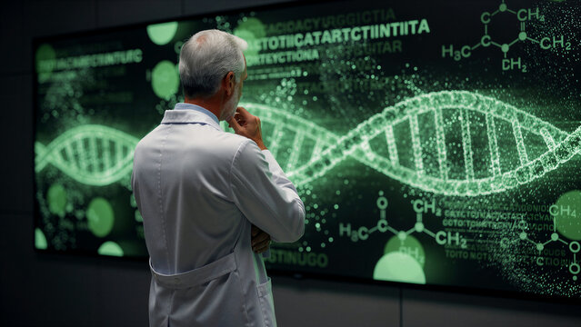 Scientist analyzes digital DNA on lab screen. Researcher studies genetic data in high-tech facility. Biotech and genomic innovation concept for medical research marketing.