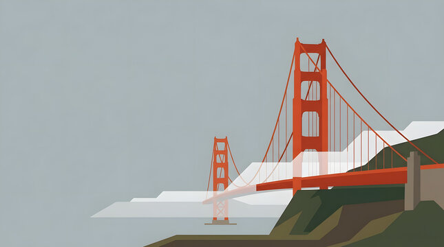 Red Golden Gate Bridge in minimalist fog.