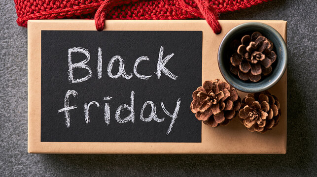 Black Friday chalkboard. Seasonal shopping promotion with pinecones and fabric. Festive composition for retail design  