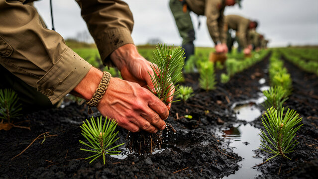 Hands planting pine seedling in muddy soil. Workers restore forest in field. Reforestation and sustainability concept for environmental conservation and climate change marketing.