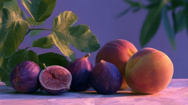 Still life of a bunch of figs and peaches on a purple background. there are six figs in total, three of which are whole and one is cut in half, while the other two are whole.