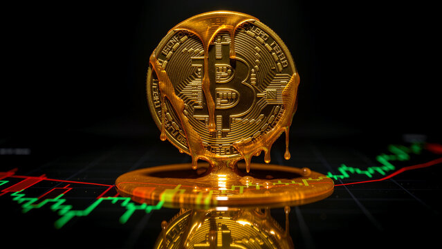Melting golden bitcoin coin on financial trading chart. Liquid gold dripping from cryptocurrency token against dark stock market background. Market volatility and high-value investment concept.