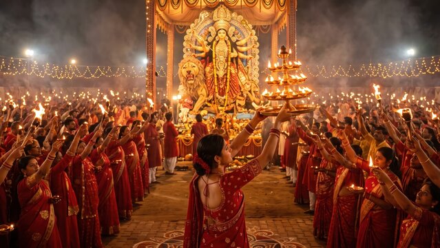 Grand Navratri Aarti &ndash; Devotees Before Maa Durga
