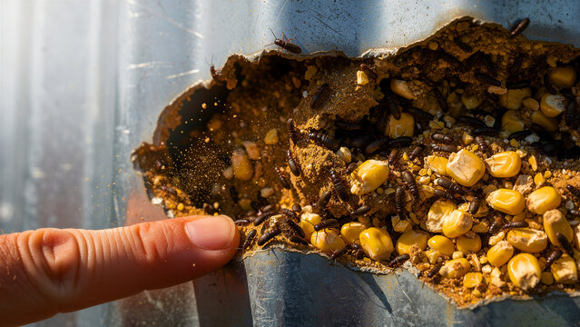 Finger pointing at grain weevils in damaged corn storage. Infestation of beetles destroying harvest in a silo. Agriculture pest control concept for food safety.