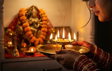 Obraz premium Sacred Diya Aarti – Intimate Maa Durga Home Worship 
