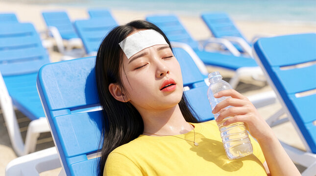Young woman suffering from heatstroke lying on beach chair with cooling patch
